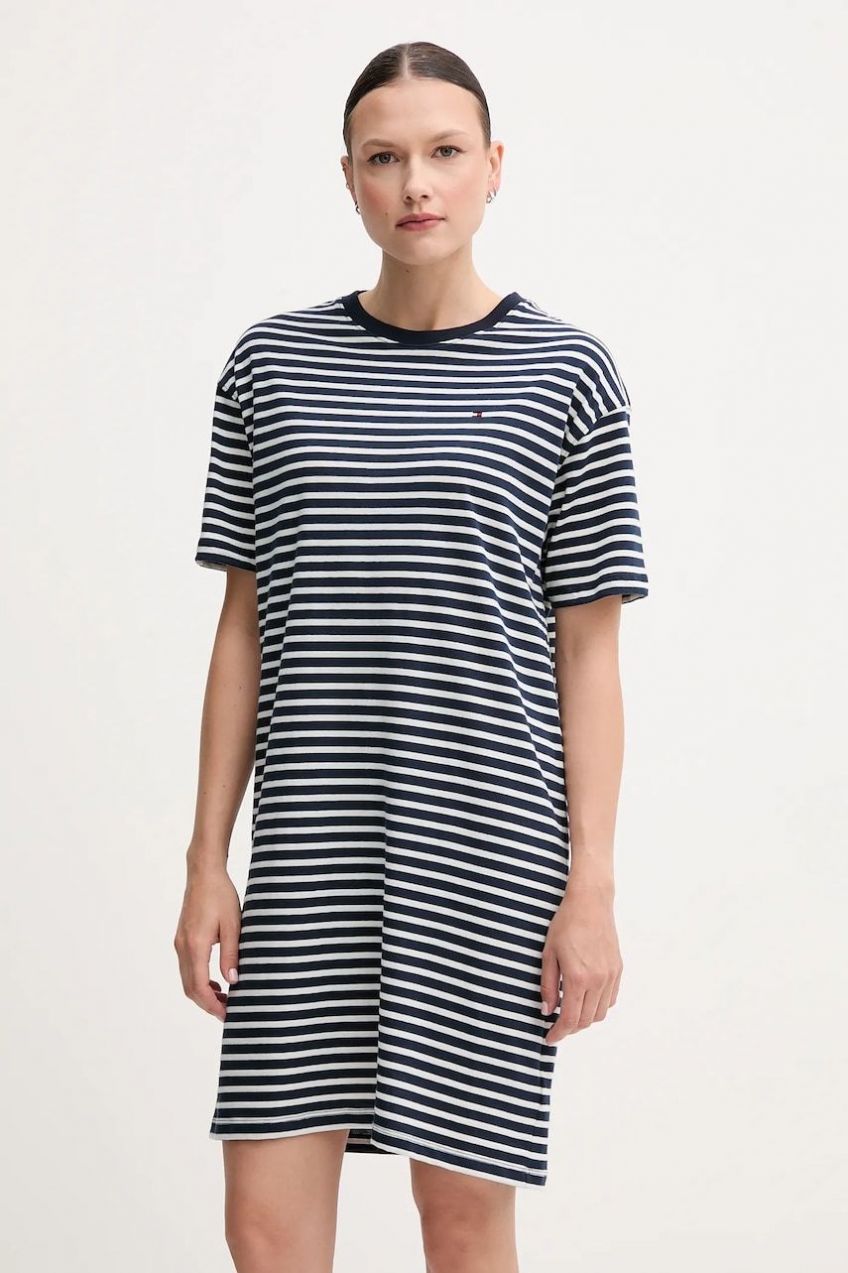Bavlnené šaty Tommy Hilfiger tmavomodrá farba, mini, rovný strih, UW0UW05937