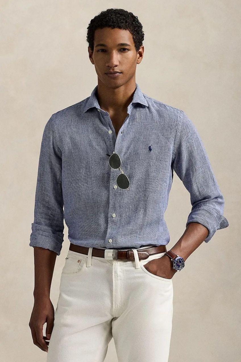Ľanová košeľa Polo Ralph Lauren tmavomodrá farba, regular, s klasickým golierom, 710968971