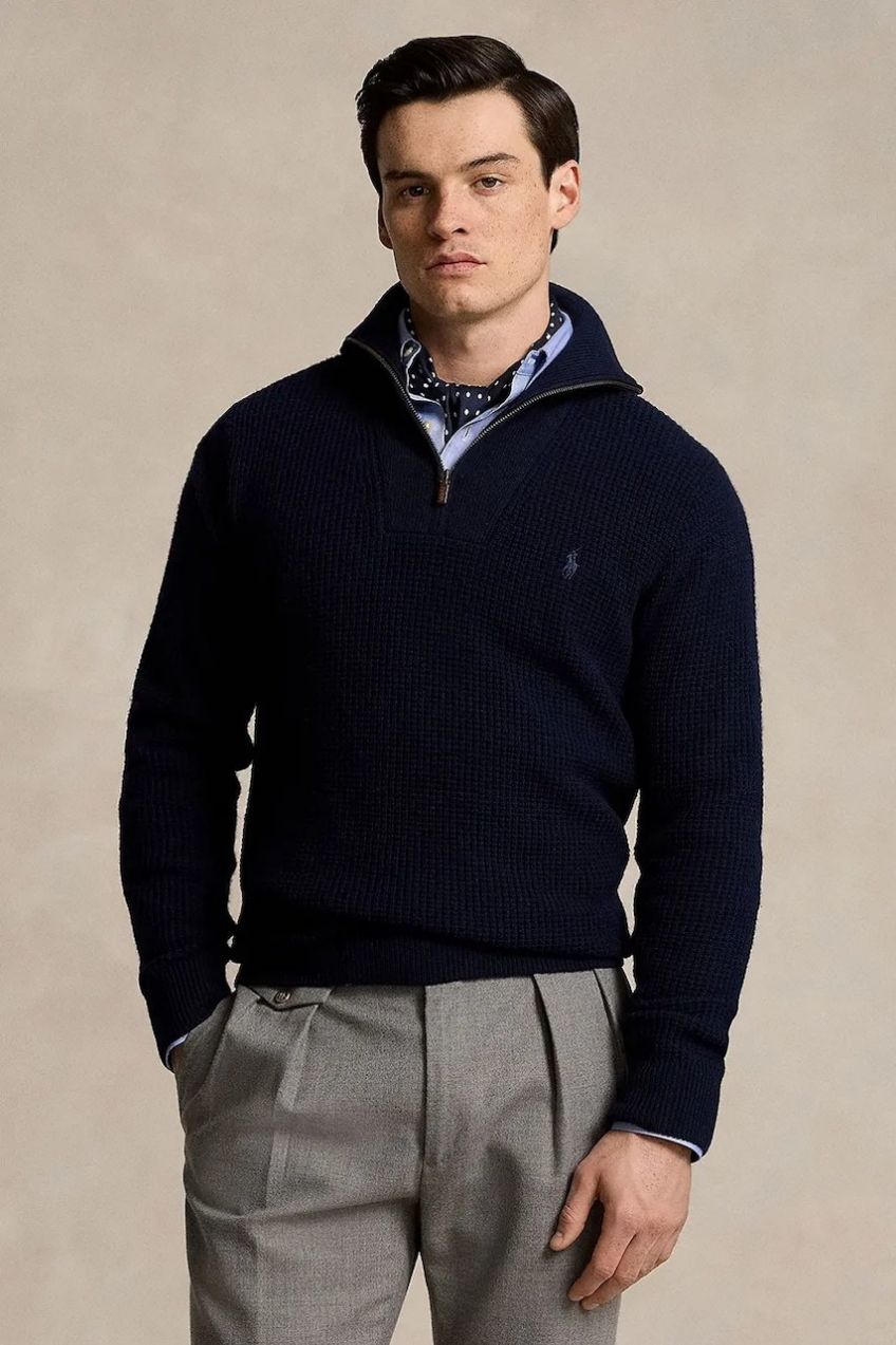 Vlnený sveter Polo Ralph Lauren tmavomodrá farba, teplé, s polorolákom, 710941101