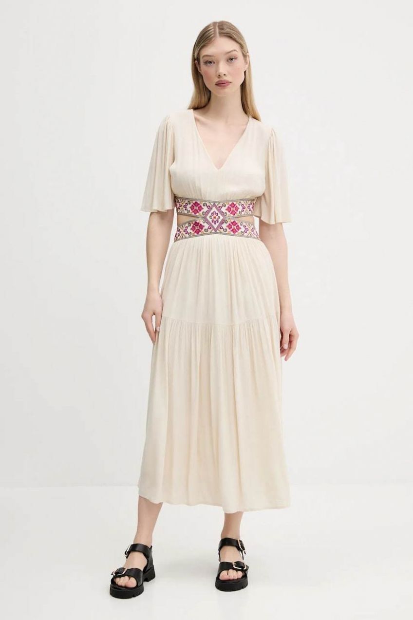 Šaty Desigual ELEMENT béžová farba, maxi, áčkový strih, 25SWVW98