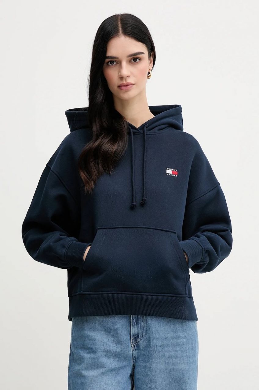 Bavlnená mikina Tommy Jeans dámska, tmavomodrá farba, s kapucňou, s nášivkou, DW0DW19414