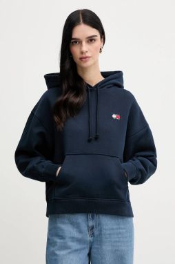 Bavlnená mikina Tommy Jeans dámska, tmavomodrá farba, s kapucňou, s nášivkou, DW0DW19414