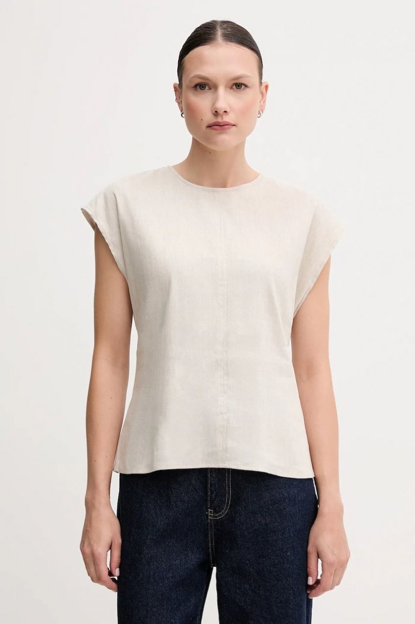 Ľanová blúzka Calvin Klein béžová farba, melanžová, LV044B120G