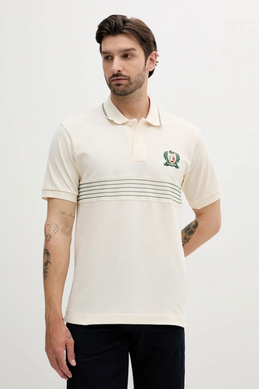 Bavlnené polo tričko Lacoste pánske, béžová farba, s nášivkou, PH0037
