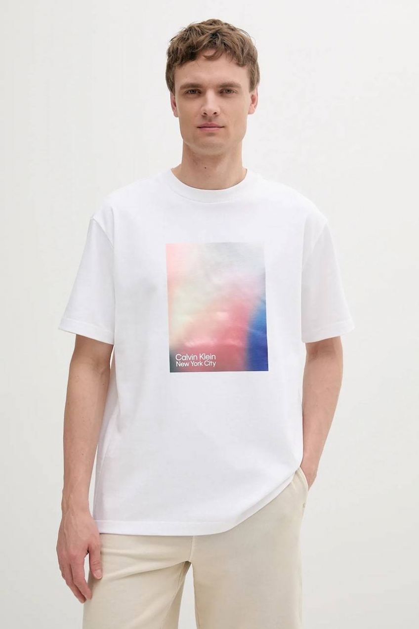 Bavlnené tričko Calvin Klein Jeans pánske, biela farba, s potlačou, LV04RAB811