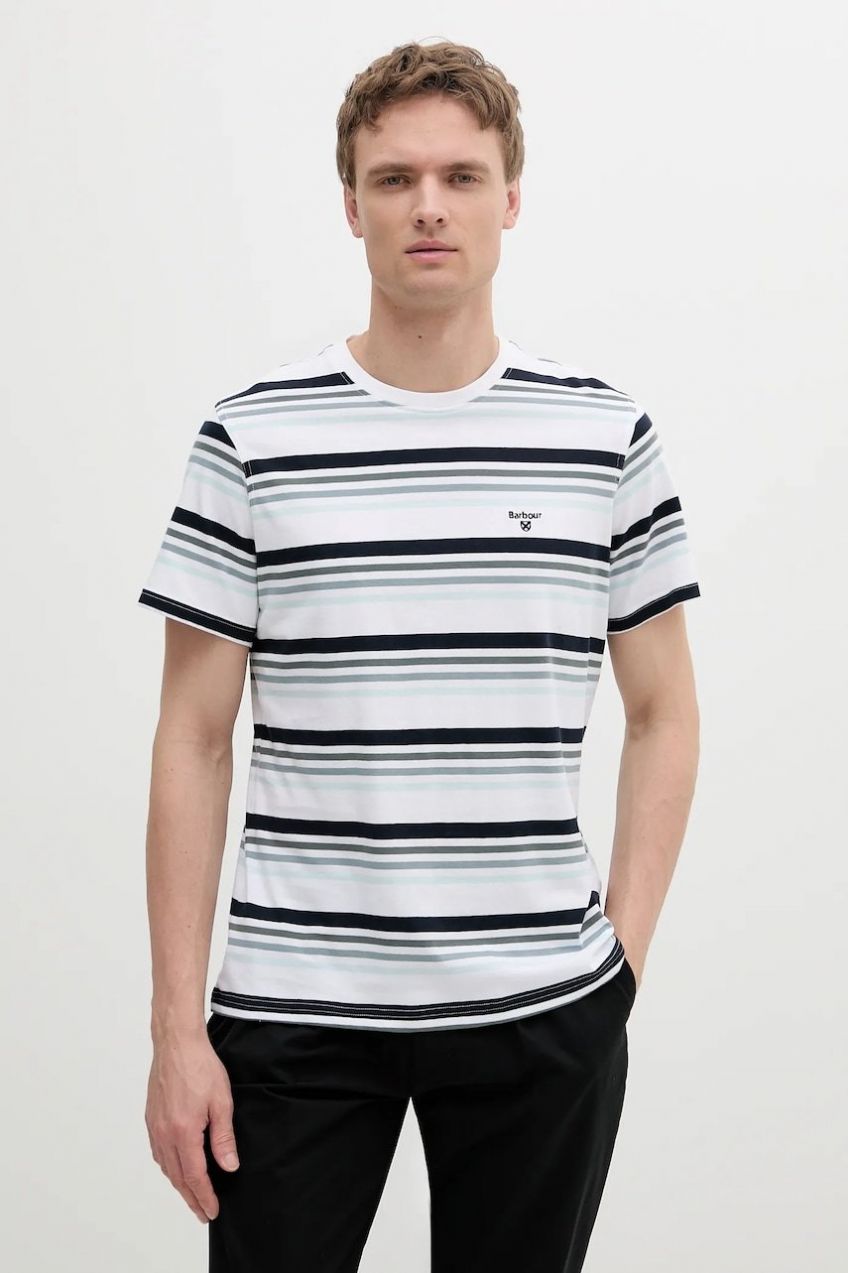 Bavlnené tričko Barbour Houstead Stripe Tailored Fit T-Shirt pánske, biela farba, vzorované, MTS1392