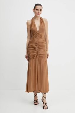 Šaty Bardot hnedá farba, maxi, priliehavé, 59872DB