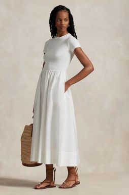 Bavlnené šaty Polo Ralph Lauren biela farba, midi, áčkový strih, 211966311