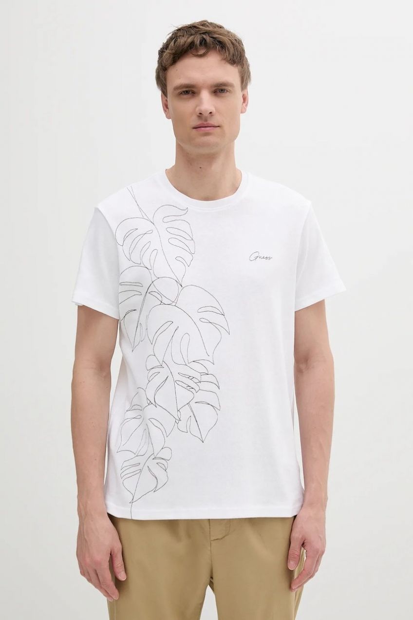 Bavlnené tričko Guess pánske, biela farba, s nášivkou, M5GI22 KCT51