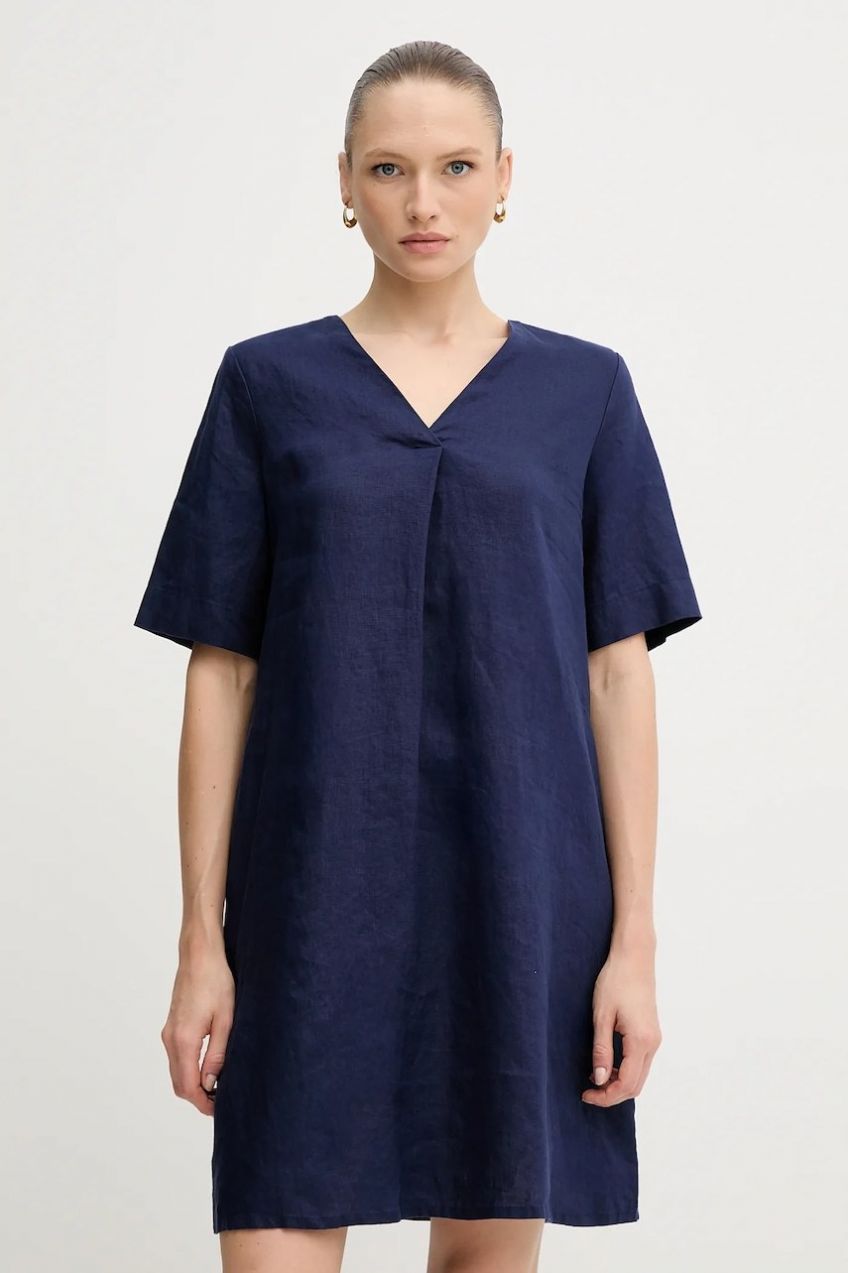Ľanové šaty United Colors of Benetton tmavomodrá farba, mini, oversize, 4AGHDV0B0