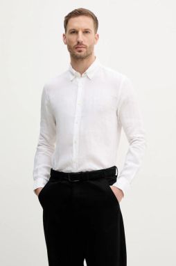 Ľanová košeľa BOSS pánska, biela farba, slim, s golierom button-down, 50520283