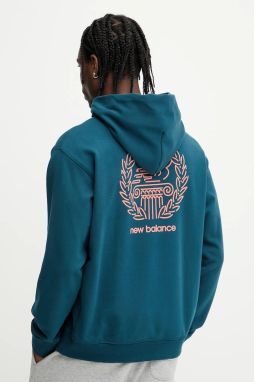Bavlnená mikina New Balance tyrkysová farba, s kapucňou, s potlačou, MT51979DOE