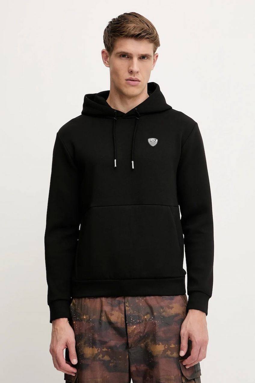 Mikina EA7 Emporio Armani čierna farba, s kapucňou, jednofarebná, PJ4EZ.8NPM21