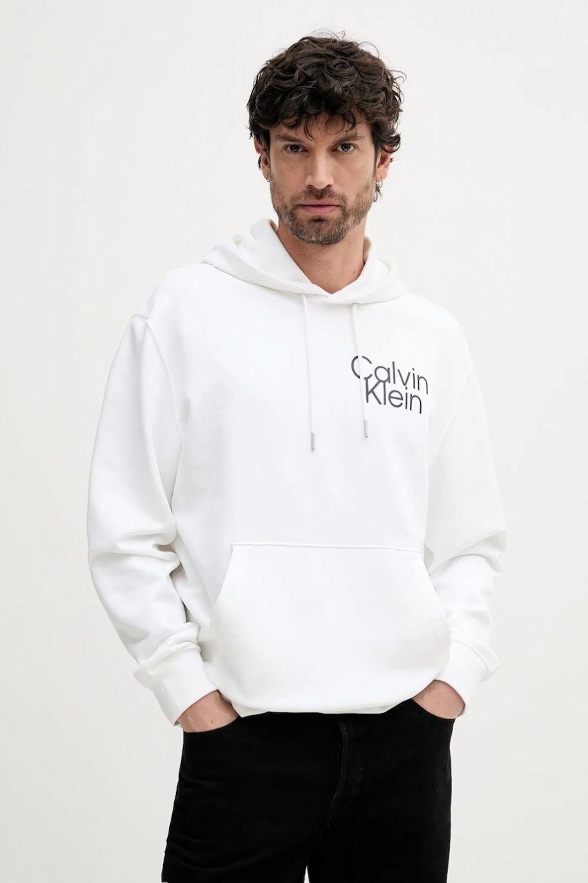 Mikina Calvin Klein biela farba, s kapucňou, s potlačou, LV04RC288G