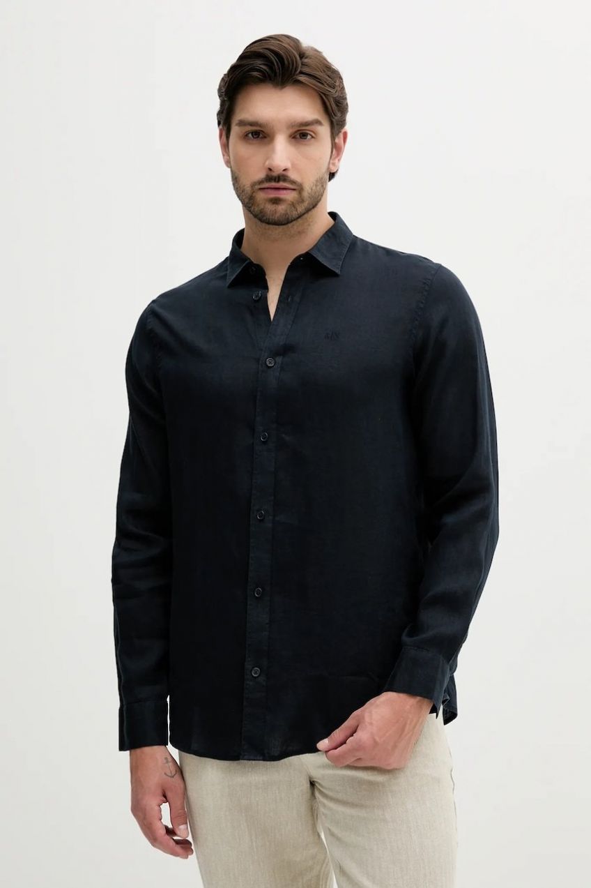 Ľanová košeľa Armani Exchange tmavomodrá farba, regular, s klasickým golierom, XM001221 AF14619