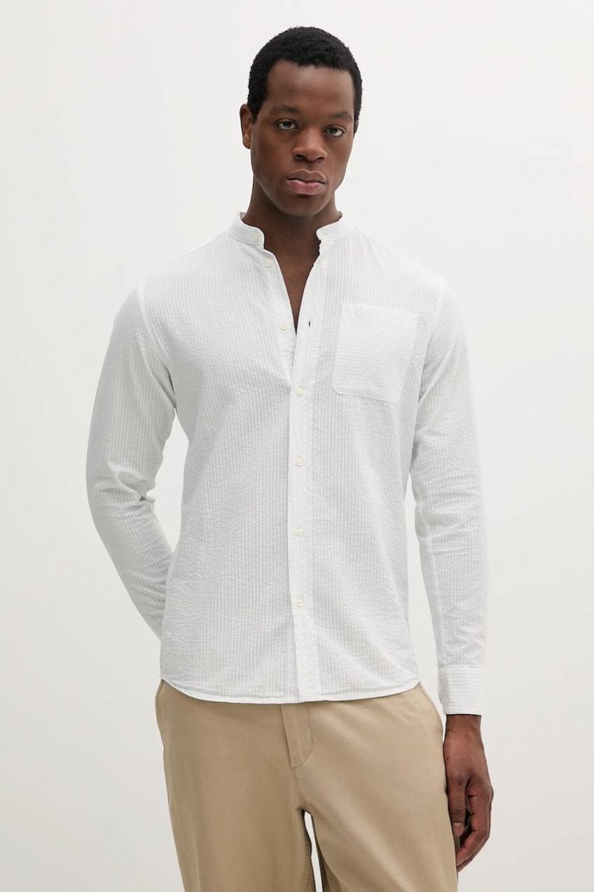 Bavlnená košeľa United Colors of Benetton biela farba, slim, so stojačikom, 5W3BUQ05S