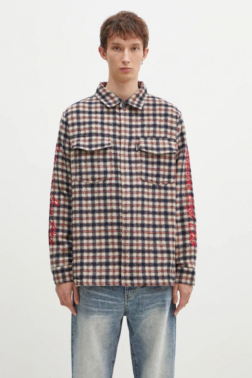 Košeľa s prímesou vlny Billionaire Boys Club Check Shirt béžová farba, regular, s klasickým golierom, B24429
