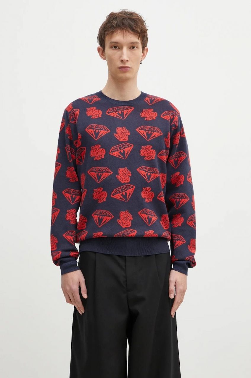 Sveter s prímesou vlny Billionaire Boys Club Diamonds & Dollars Knitted Jumper pánsky, tmavomodrá farba, B24223