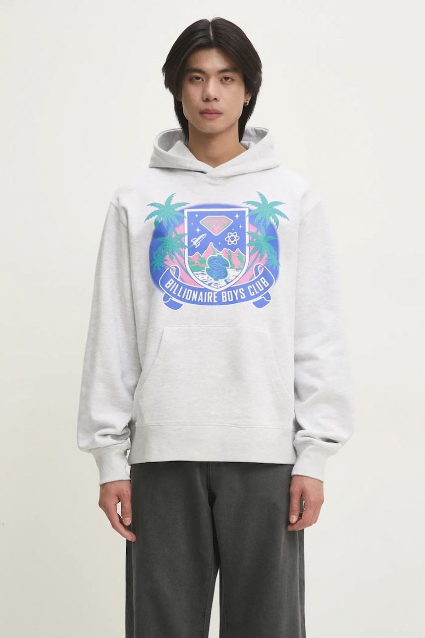 Bavlnená mikina Billionaire Boys Club Tropical Crest Popover Hood pánska, šedá farba, s kapucňou, s potlačou, B24447