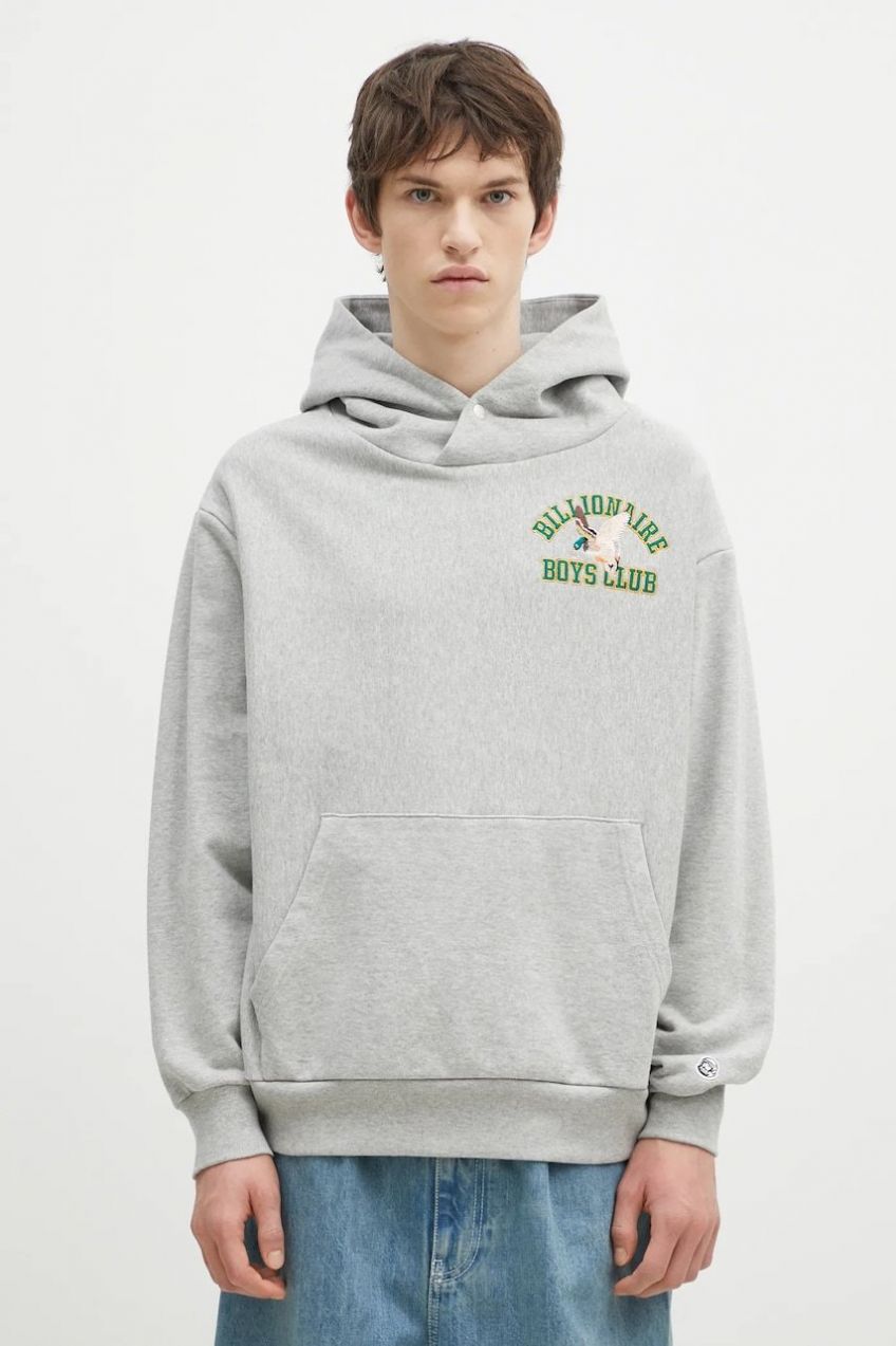 Bavlnená mikina Billionaire Boys Club Duck Varsity Embroidered Popover Hood pánska, šedá farba, s kapucňou, s nášivkou, B24451
