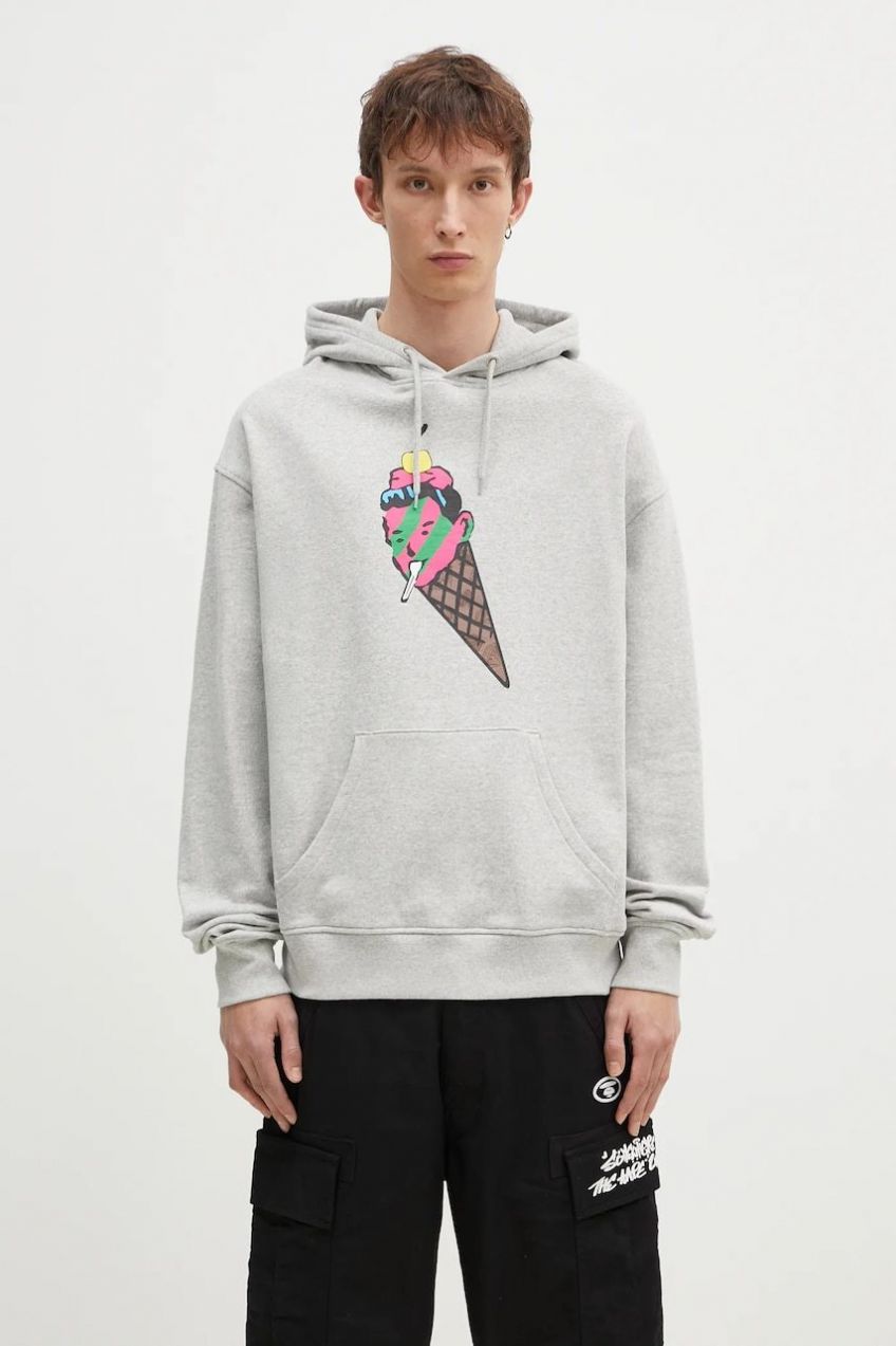 Bavlnená mikina ICECREAM Cone Man Popover Hood pánska, šedá farba, s kapucňou, s potlačou, IC24487