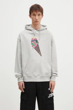 Bavlnená mikina ICECREAM Cone Man Popover Hood pánska, šedá farba, s kapucňou, s potlačou, IC24487