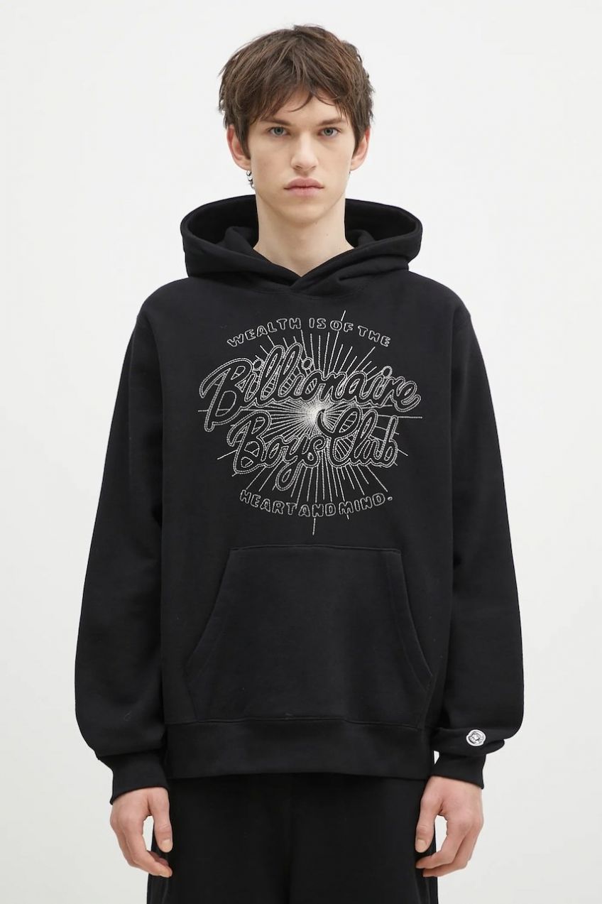 Bavlnená mikina Billionaire Boys Club Script Logo Chainstitch Popover Hood pánska, čierna farba, s kapucňou, s nášivkou, B24448