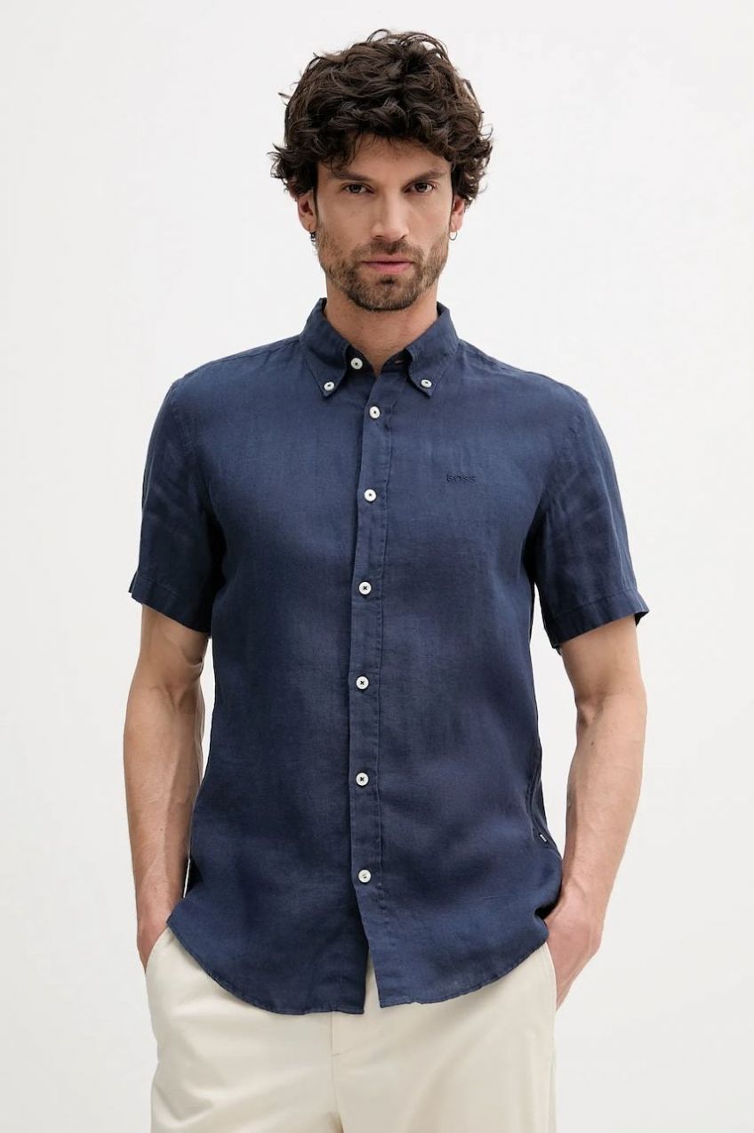 Ľanová košeľa BOSS pánska, tmavomodrá farba, slim, s golierom button-down, 50539352
