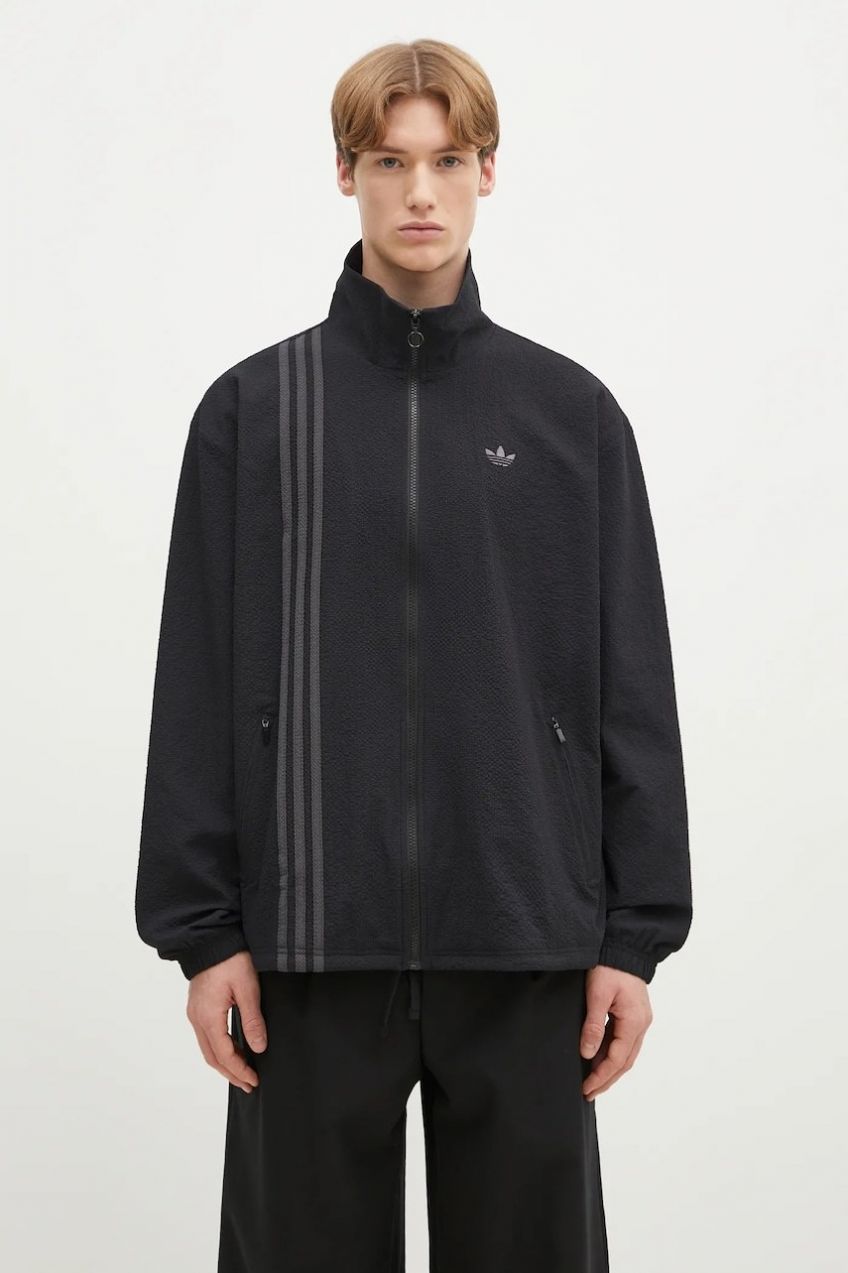 Mikina adidas Originals Fashion Seersucker Firebird Track Top pánska, čierna farba, s kapucňou, jednofarebná, JC7416