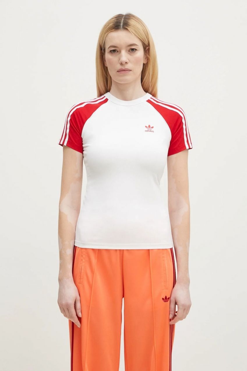 Bavlnené tričko adidas Originals Adicolor 3 Stripe Raglan Slim Tee dámske, biela farba, JD0835