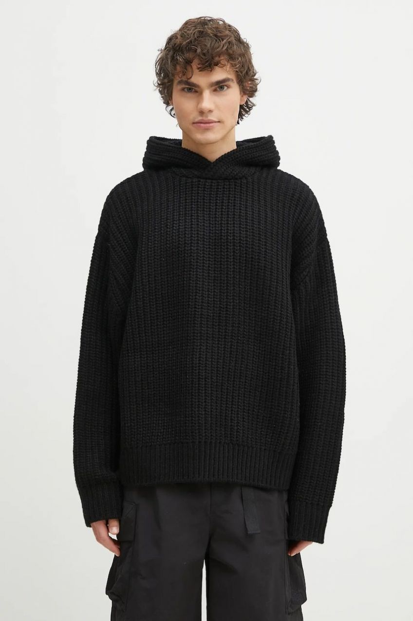 Sveter s prímesou vlny MKI MIYUKI ZOKU Chunky Rib Knit Hoody pánsky, čierna farba, teplý, CHUNKY.RIB.KNIT.HOODY.B