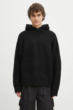 Sveter s prímesou vlny MKI MIYUKI ZOKU Chunky Rib Knit Hoody pánsky, čierna farba, teplý, CHUNKY.RIB.KNIT.HOODY.B