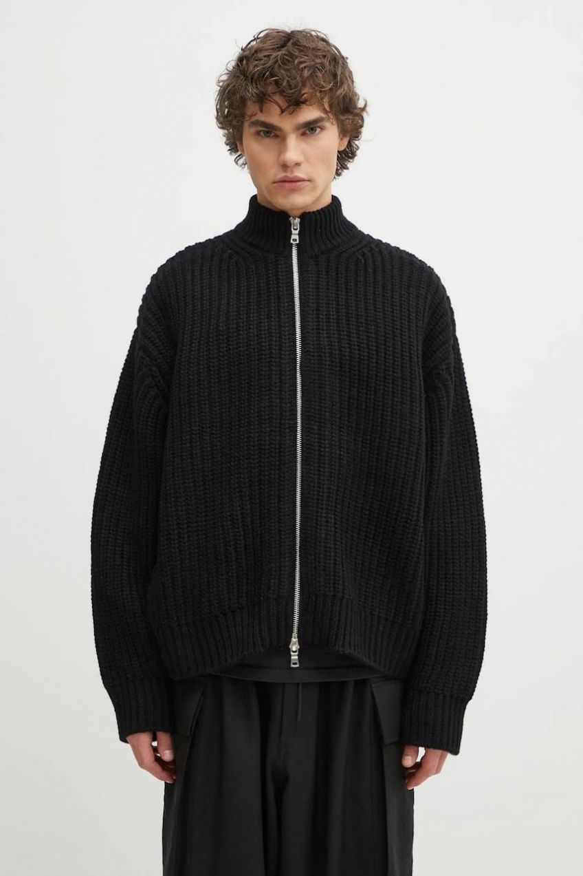 Kardigán s prímesou vlny MKI MIYUKI ZOKU Chuky Rib Knit Track Jacket pánsky, čierna farba, CHUKY.RIB.KNIT.TRACK.BL