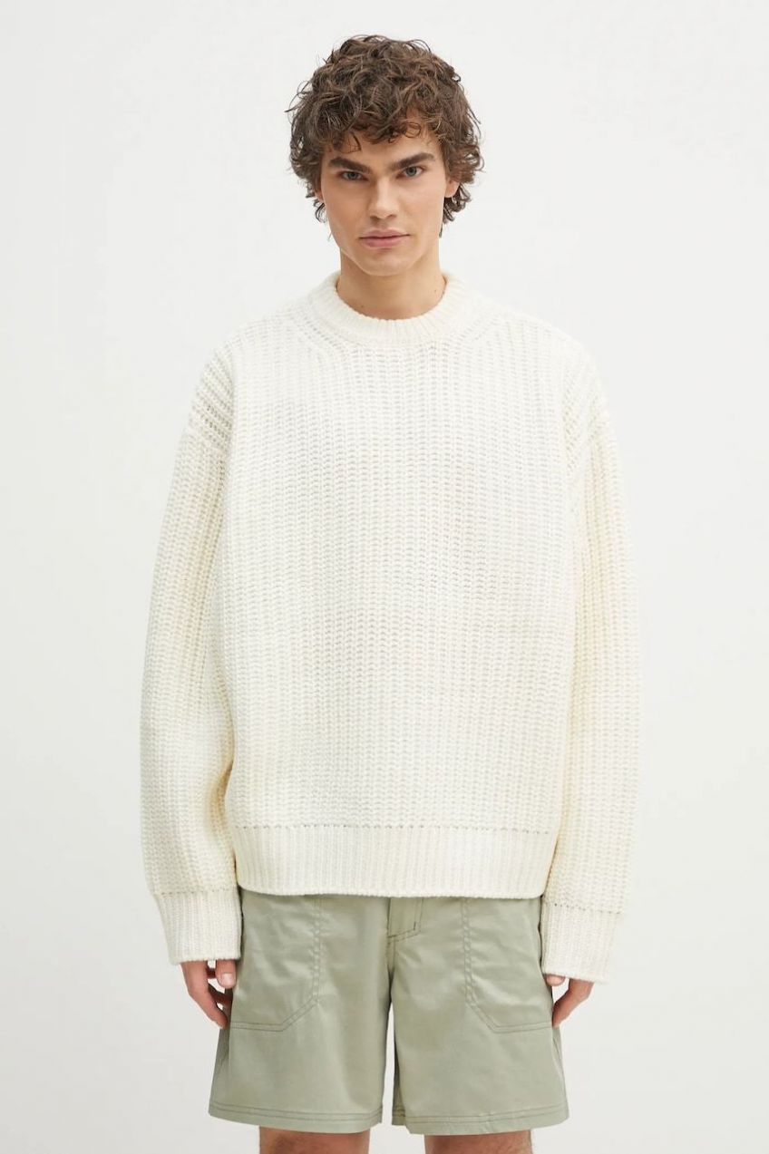 Sveter s prímesou vlny MKI MIYUKI ZOKU Chunky Rib Knit Crewneck pánsky, béžová farba, teplý, CHUNKY.RIB.KNIT.CREWNE.