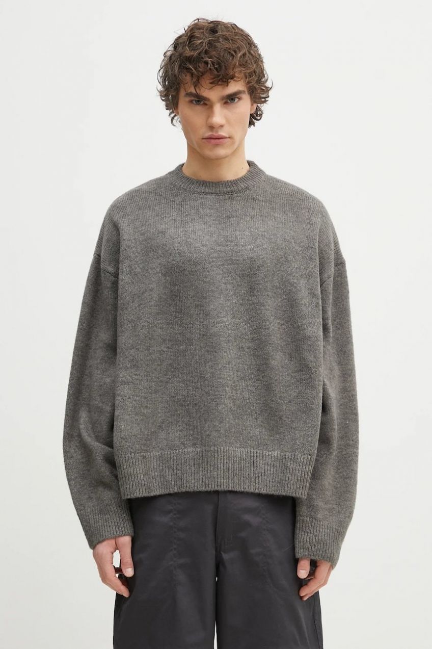Sveter s prímesou vlny MKI MIYUKI ZOKU Mohair Blend Knit Crew pánsky, šedá farba, MOHAIR.BLEND.KNIT.CR.BR