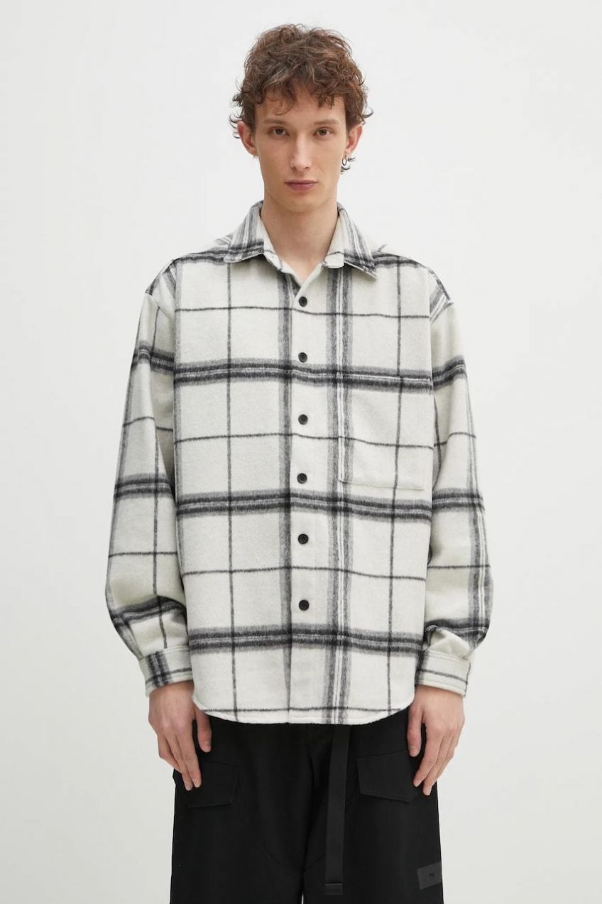 Košeľa s prímesou vlny MKI MIYUKI ZOKU Check Flannel Shirt pánska, béžová farba, voľný strih, s klasickým golierom, CHECK.FLANNEL.SHIRT.OFF