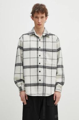 Košeľa s prímesou vlny MKI MIYUKI ZOKU Check Flannel Shirt pánska, béžová farba, voľný strih, s klasickým golierom, CHECK.FLANNEL.SHIRT.OFF