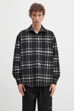 Košeľa s prímesou vlny MKI MIYUKI ZOKU Check Flannel Shirt pánska, čierna farba, voľný strih, s klasickým golierom, CHECK.FLANNEL.SHIRT.BLA