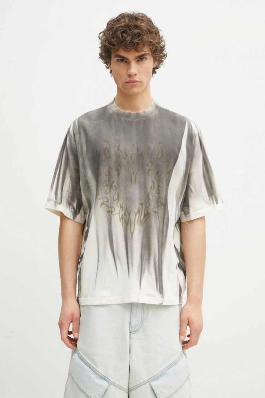 Bavlnené tričko Marcelo Burlon Fire Heart Spray Boxy T-Shirt Ecru Mediu pánske, béžová farba, vzorované, CMAA05AS25JER0096F06