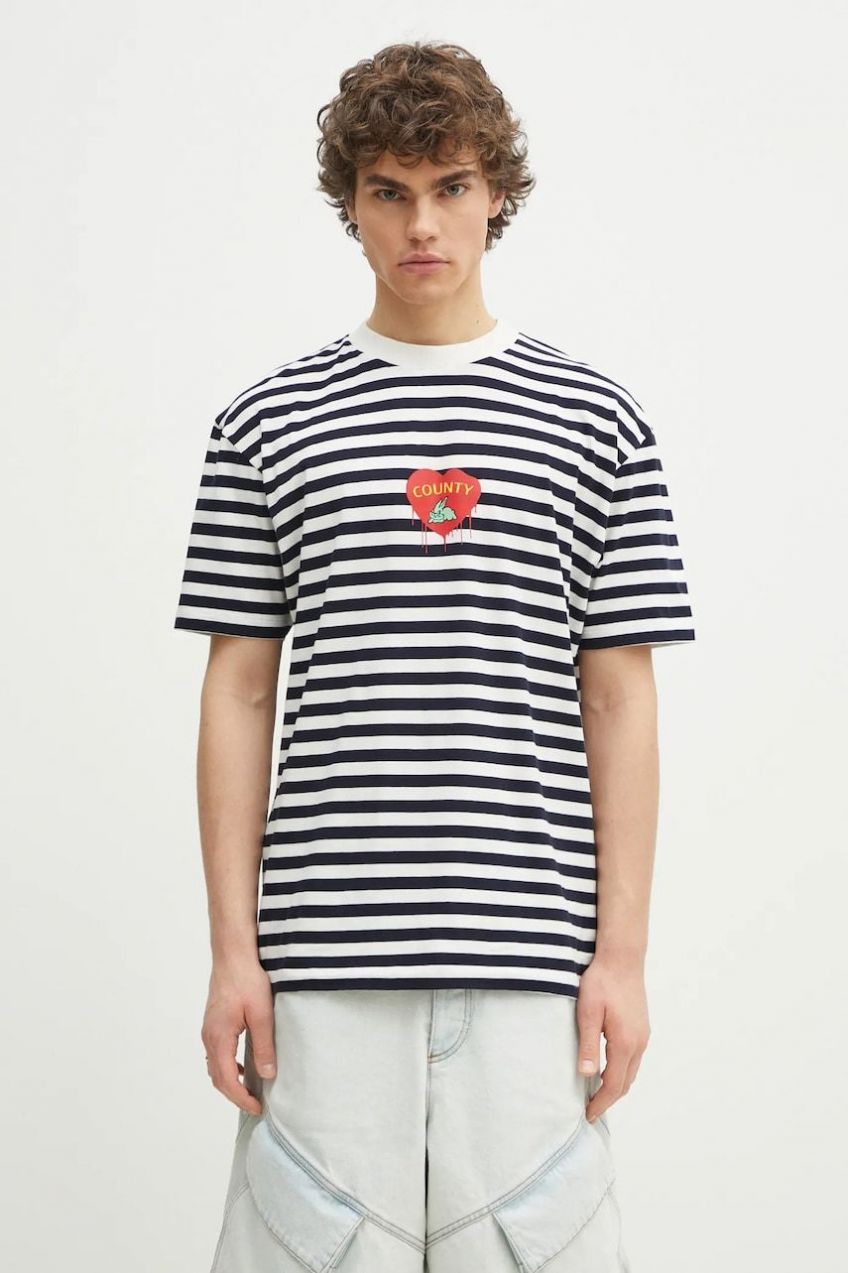 Bavlnené tričko Marcelo Burlon Bunny Heart Stripe Basic Tee White Navy pánske, tmavomodrá farba, vzorované, CMAA056S25JER0060146