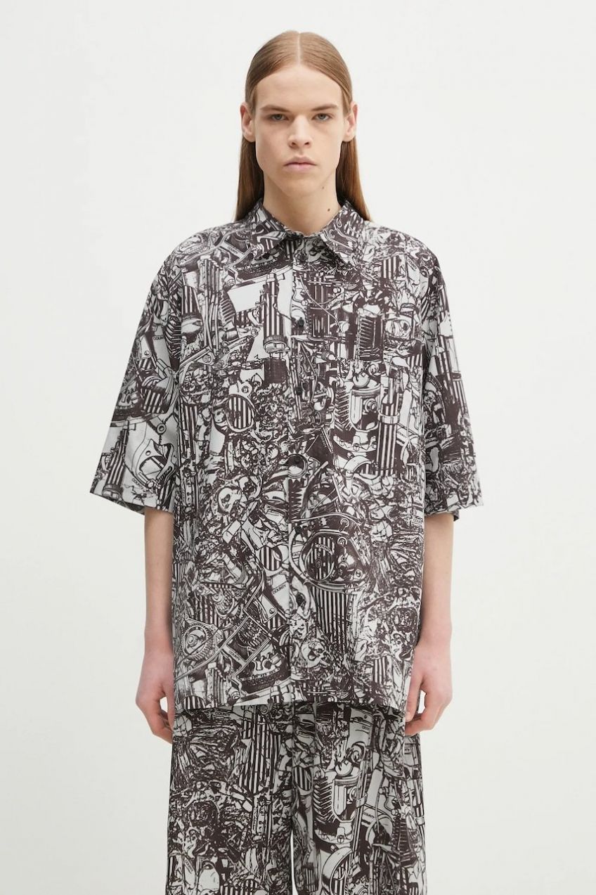 Bavlnená košeľa Marcelo Burlon Aop Mech Bowling Shirt Dark Grey Medium pánska, šedá farba, voľný strih, s klasickým golierom, CMGG002S25FAB0010706