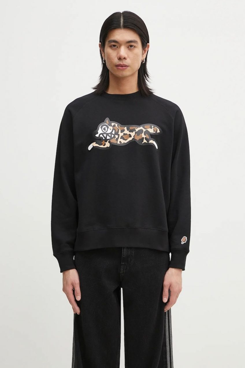 Bavlnená mikina ICECREAM Running Dog Crewneck pánska, čierna farba, s potlačou, IC25129