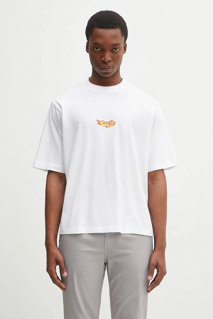 Bavlnené tričko Marcelo Burlon County Flame Boxy T-Shirt White Red pánske, biela farba, vzorované, CMAA05AS25JER0070125