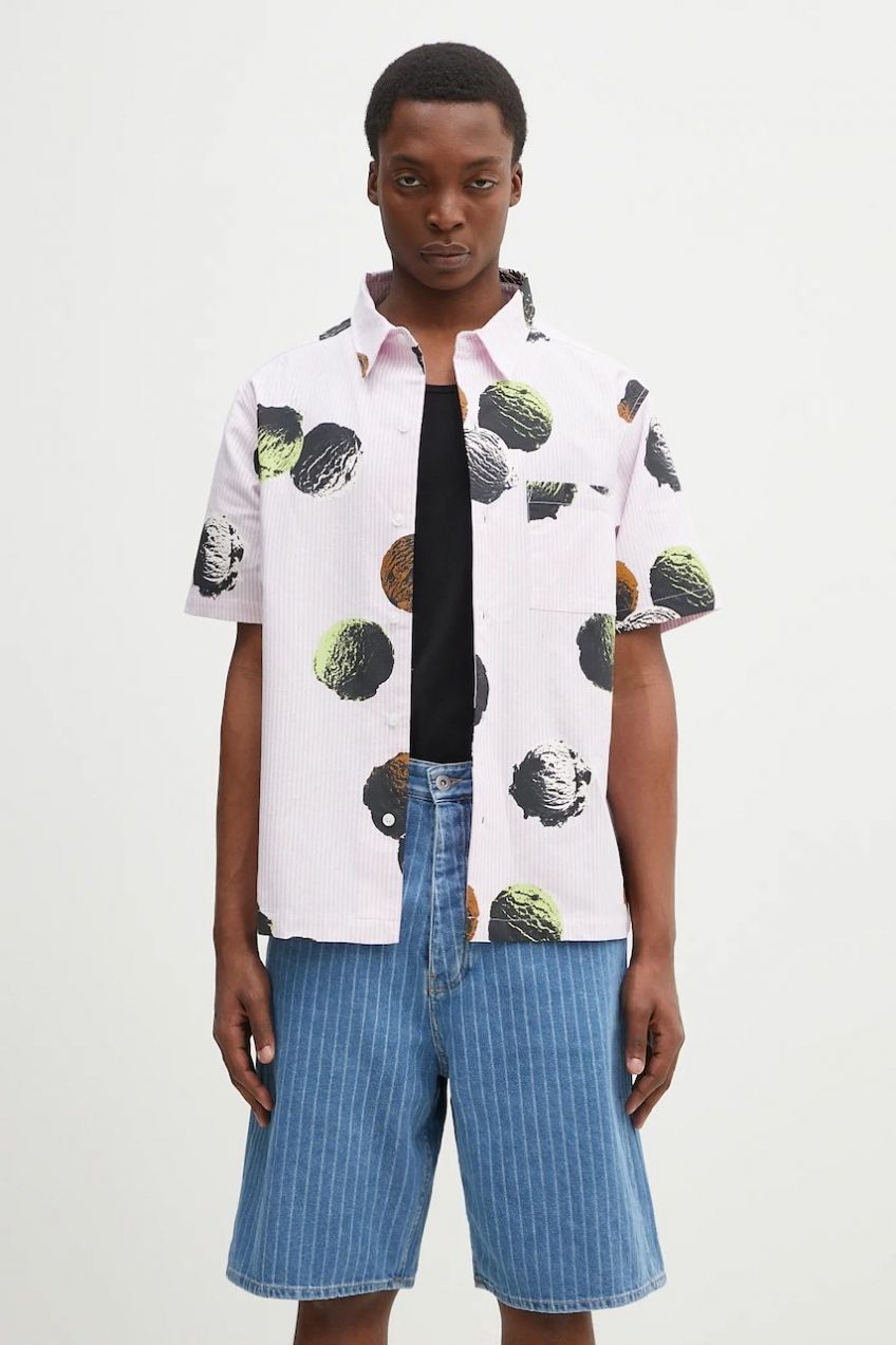 Bavlnená košeľa ICECREAM Scoop Ss Shirt pánska, ružová farba, voľný strih, s klasickým golierom, IC25116