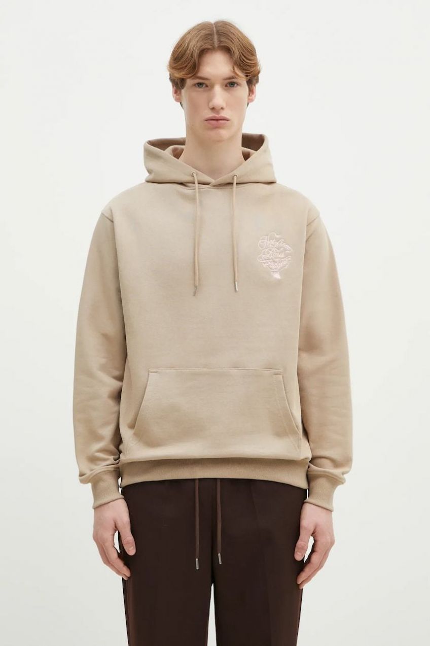 Bavlnená mikina Drôle de Monsieur Le Hoodie Slogan Vignes pánska, béžová farba, s kapucňou, s nášivkou, F-HO175-CO127-BG