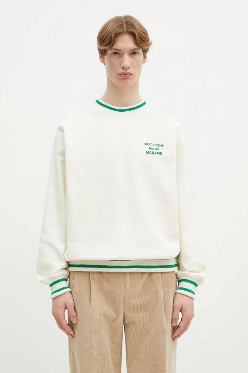 Bavlnená mikina Drôle de Monsieur Le Sweatshirt Slogan Sport pánska, béžová farba, s potlačou, F-SW140-CO127-CM