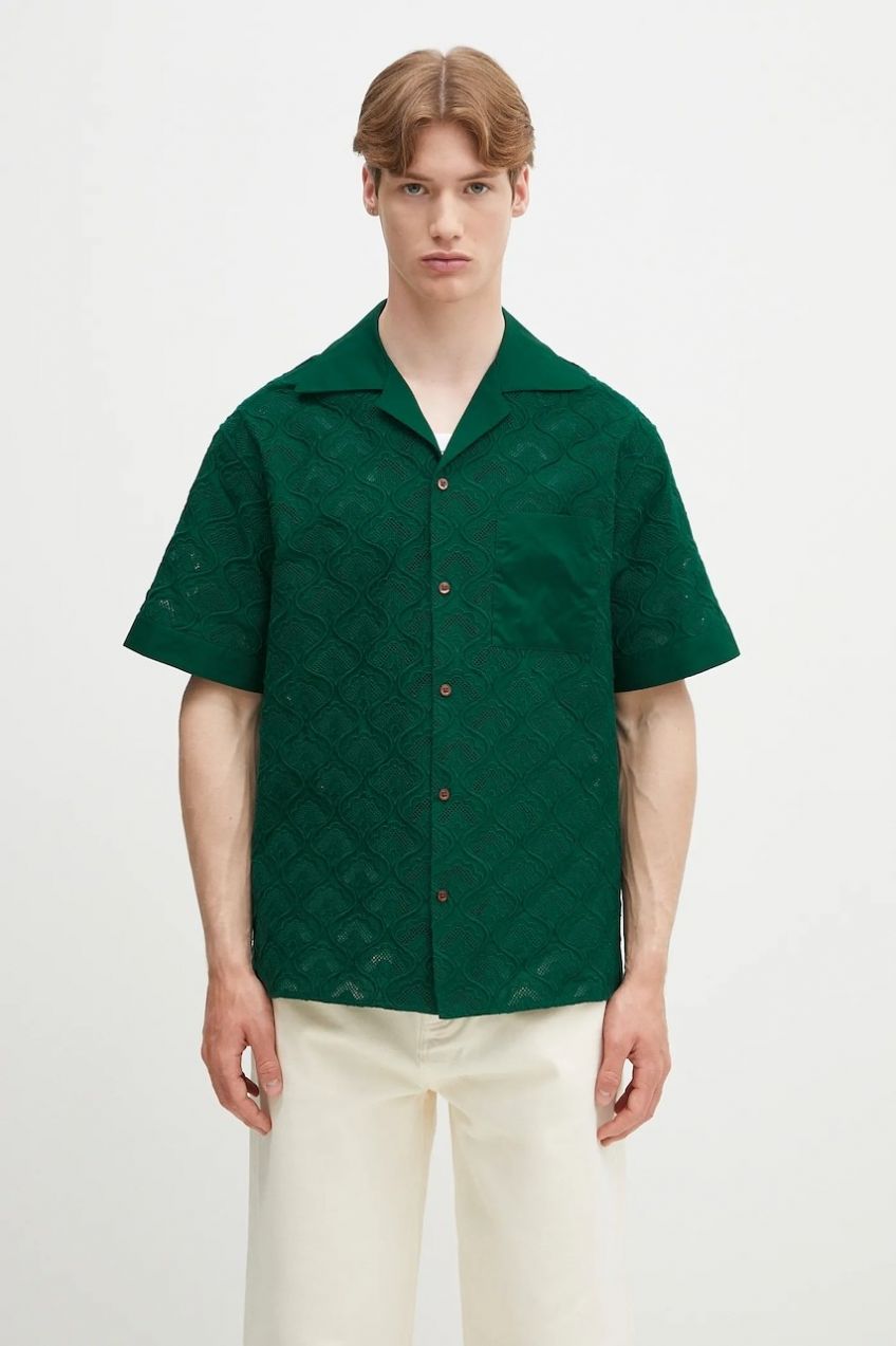 Bavlnená košeľa Drôle de Monsieur La Chemise Brodee Tapisserie pánska, zelená farba, regular, G-SH213-CO196-DGN
