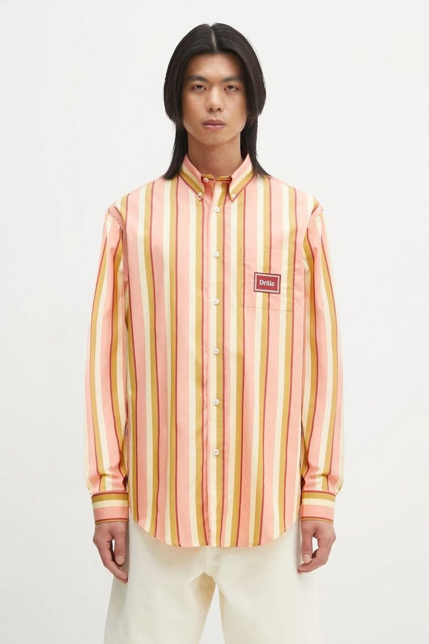 Bavlnená košeľa Drôle de Monsieur La Chemise Rayee pánska, oranžová farba, regular, s golierom button-down, G-SH208-CO117-CR