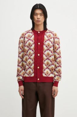 Vlnený kardigán Drôle de Monsieur Le Cardigan Tapisserie pánsky, bordová farba, G-CA134-WO021-RD