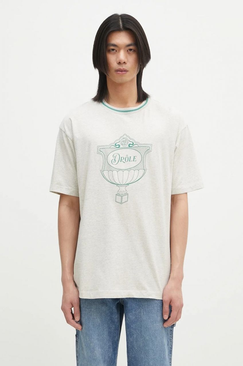Bavlnené tričko Drôle de Monsieur Le T-Shirt Drule Cup pánske, šedá farba, s potlačou, G-TS234-CO165-GY